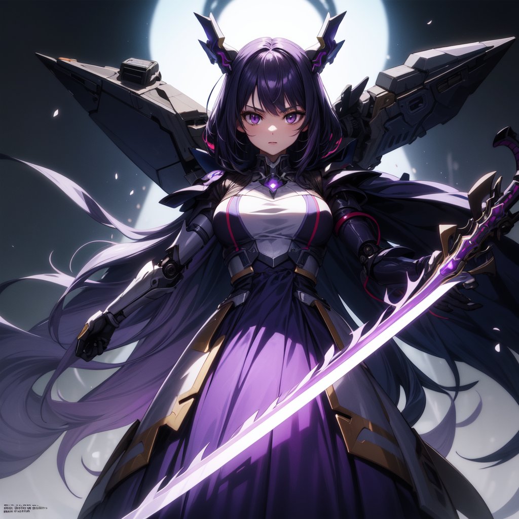 
a maiden in a purple dress holding a sword, a detailed ,official art, radioactive, anime aesthetic,purple lighting on background,looking at viewer, upper body, from below, looking back,r1ge,mecha