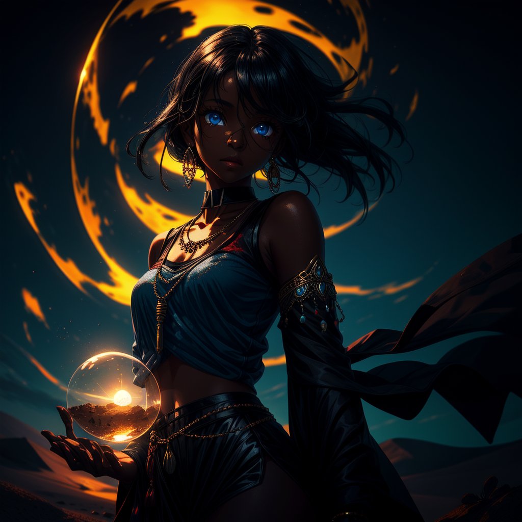 A dark skin girl in desert,black hair,blue eyes,object floating on her hands,wearing shinny jewellery, volumetric lighting