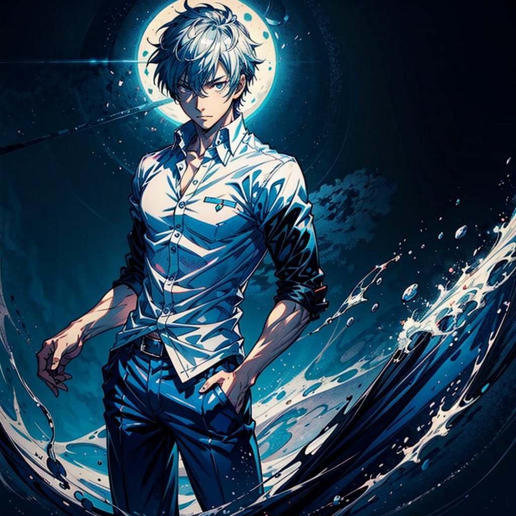 a young man in a white shirt and deep blue pants, a character portrait , official art,  stylish,r1ge,anime asthethic,no_humans,Kagami Taiga ,SUKUNA,dfdd,cyanotype, chief