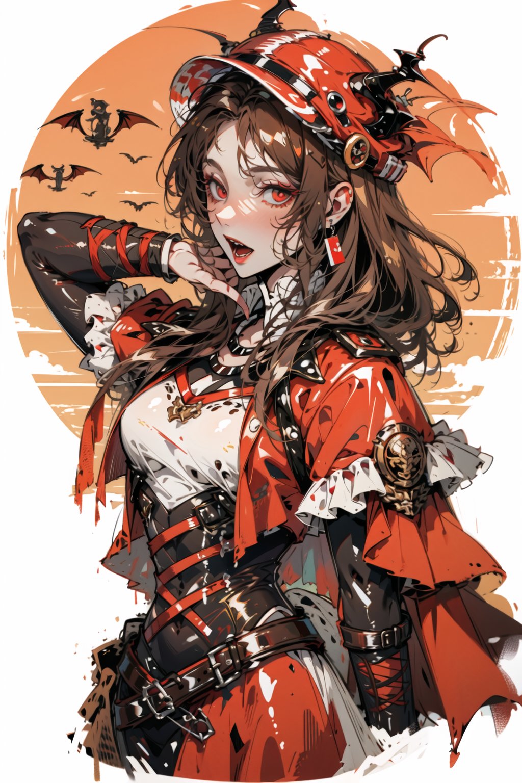 beautiful female vampire, long straight brown hair, dracula's costume, red_eyes