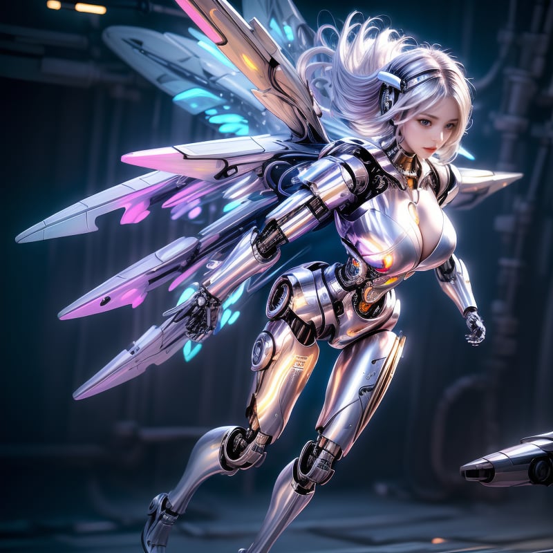 A cyborg female in the sky, cyborg style, cyborg, android, white and gold body, front view, futuristic, with angelic wings, full body view, silver hair, under_boob. breasts