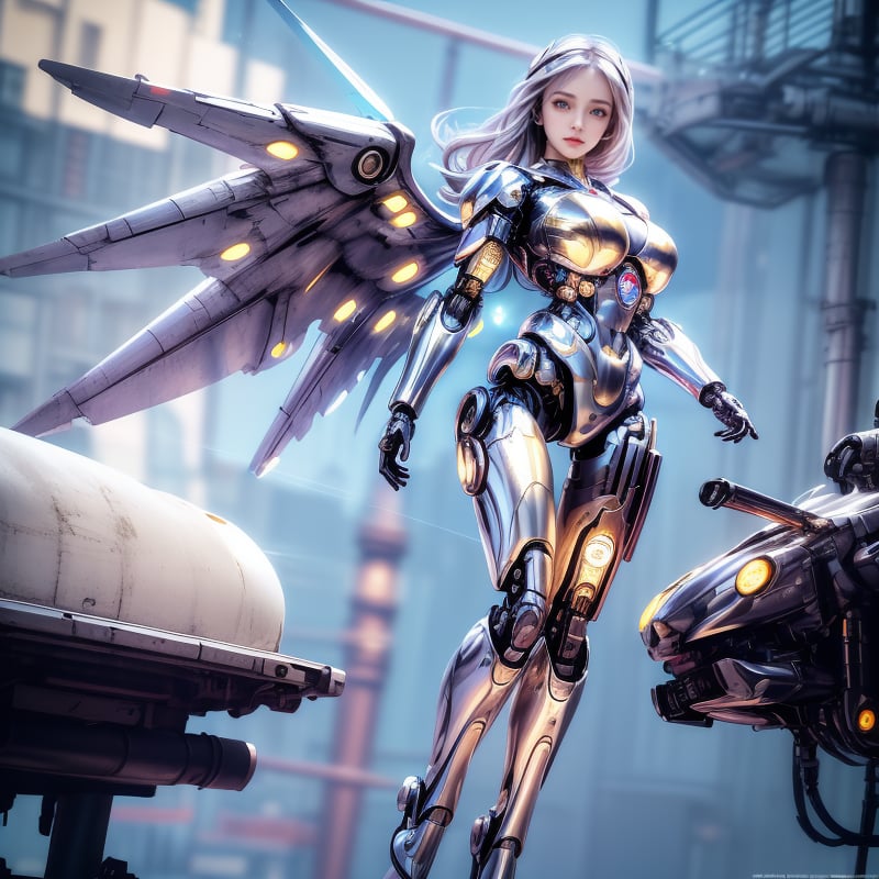 A cyborg female in the sky, cyborg style, cyborg, android, white and gold body, front view, futuristic, with angelic wings, full body view, silver hair, under_boob. breasts, clouds 