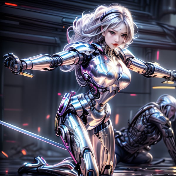 a cute cyborg lady hunting criminals with a sword, white and gold body, silver hair, slim body, cyborg, cute face, battle pose