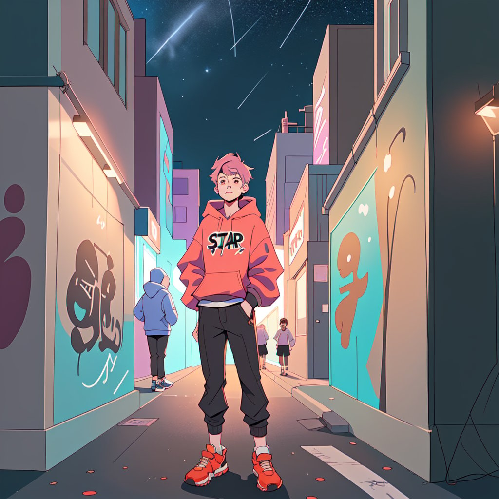 male teen with streat wear clothes, cityscape, urban, wall_writing, night, different perspective, people in the backround, stars in the sky, hood, volumetric_lights