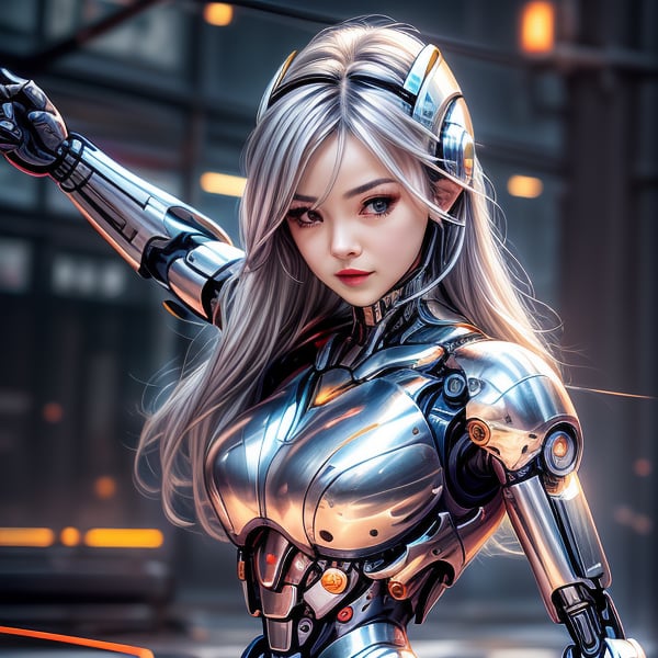 a cute cyborg lady hunting criminals, white and gold body, silver hair, slim body, cyborg, cute face, battle pose