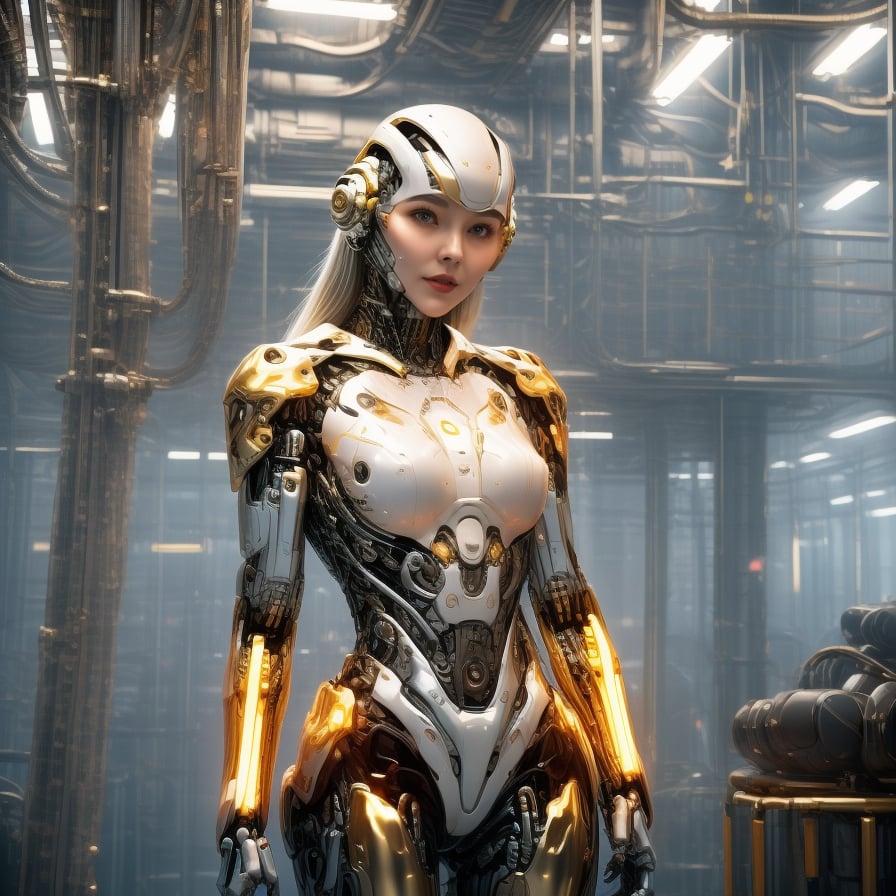 a cute cyborg lady in a futuristic factory, white and gold body, silver hair, slim body