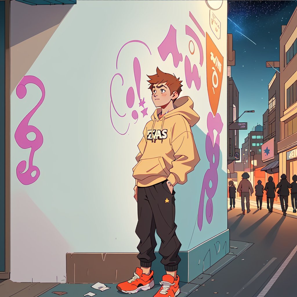 male teen with streat wear clothes, cityscape, urban, wall_writing, night, different perspective, people in the backround, stars in the sky, hood