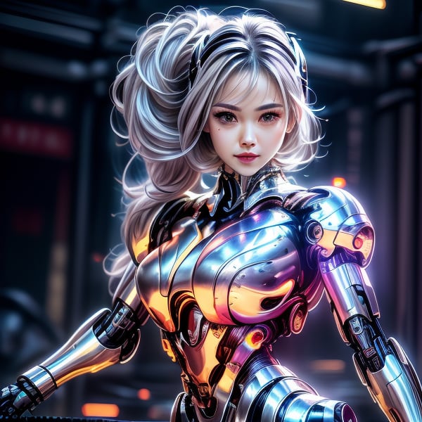 a cute cyborg lady hunting criminals, white and gold body, silver hair, slim body, cyborg, cute face, battle pose