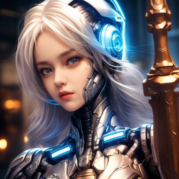 a cute cyborg lady hunting criminals with a sword, white and gold body, silver hair, slim body, cyborg, cute face, close up face