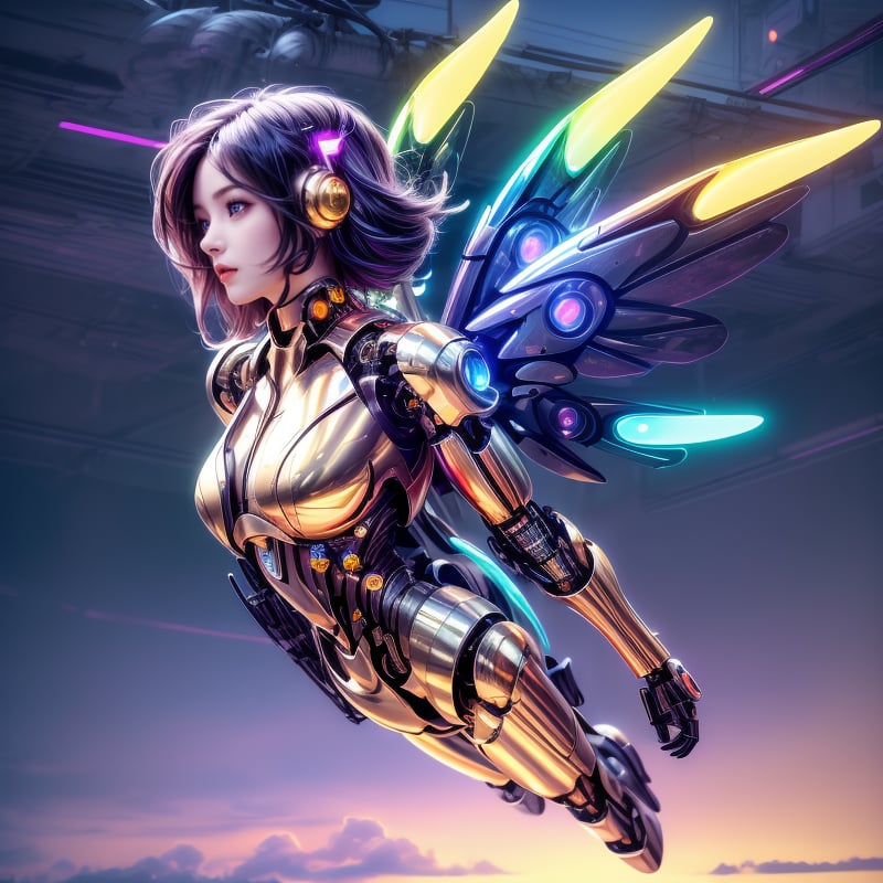 A cyborg female in the sky, cyborg style, cyborg, android, white and gold body, front view, futuristic, with angelic wings, full body view, colorful hair, clouds, gold led lights, flying in the sky