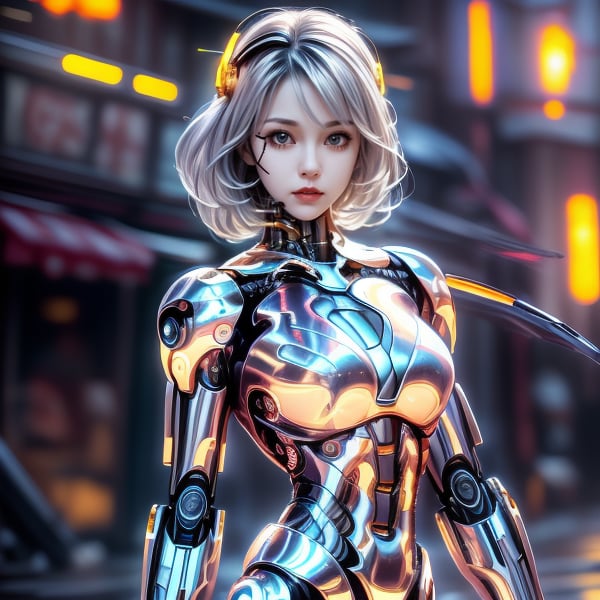 a cute cyborg lady hunting criminals with a sword, white and gold body, silver hair, slim body, cyborg, cute face, close up face