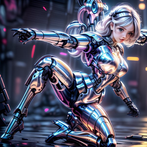 a cute cyborg lady hunting criminals, white and gold body, silver hair, slim body, cyborg, cute face, battle pose