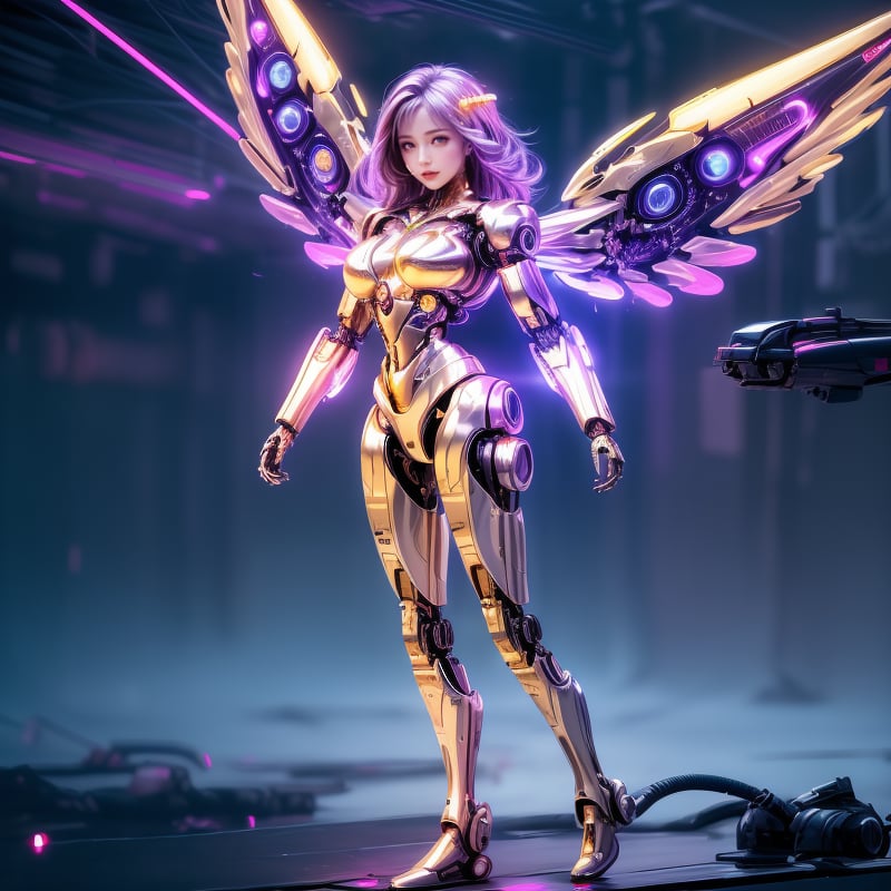 A cyborg female in the sky, cyborg style, cyborg, android, white and gold body, front view, futuristic, with angelic wings, full body view, colorful hair, clouds, gold led lights