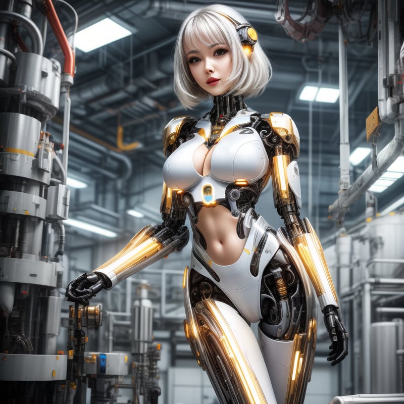 a cute cyborg lady in a futuristic factory, white and gold body, silver hair, slim body, underboob 