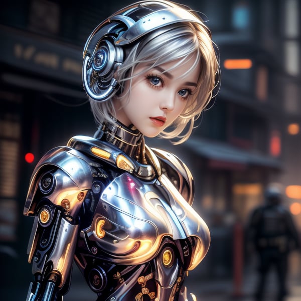 a cute cyborg lady hunting criminals with a sword, white and gold body, silver hair, slim body, cyborg, cute face, close up face