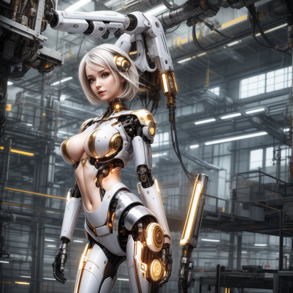 a cute cyborg lady in a futuristic factory, white and gold body, silver hair, slim body, underboob 