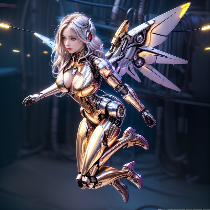 A cyborg female in the sky, cyborg style, cyborg, android, white and gold body, front view, futuristic, with angelic wings, full body view, silver hair, under_boob. breasts, clouds, gold led lights