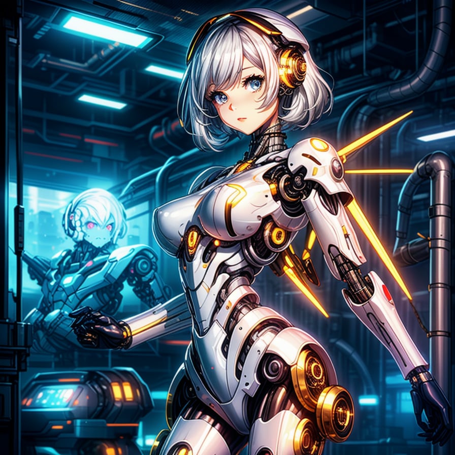 a cute cyborg lady in a futuristic factory, white and gold body, silver hair, slim body,Mecha warrior