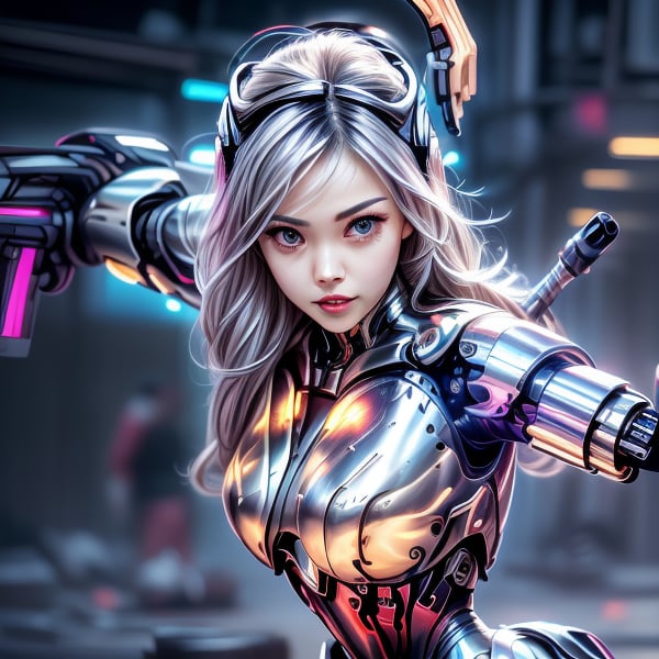 a cute cyborg lady hunting criminals with a sword, white and gold body, silver hair, slim body, cyborg, cute face, battle pose