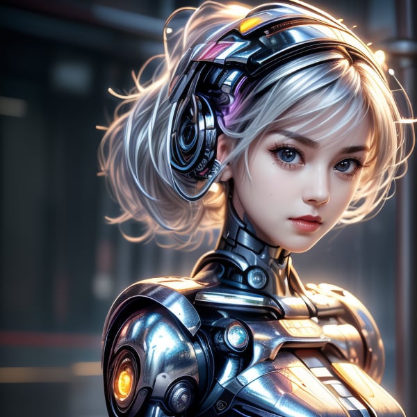 a cute cyborg lady hunting criminals with a sword, white and gold body, silver hair, slim body, cyborg, cute face, close up face