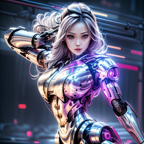 a cute cyborg lady hunting criminals with a sword, white and gold body, silver hair, slim body, cyborg, cute face, battle pose