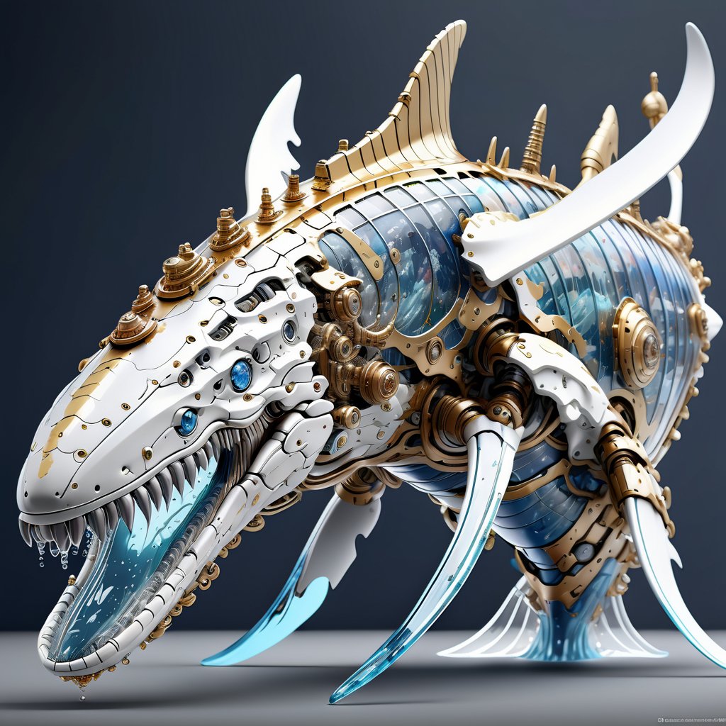 absurdres, highres, ultra detailed, paint splatter, expressive drips, white color,pastel blue color, dynamic texture, bio mechanical cyborg Humpback whale made of (stylish mecha:1.3), (complex mecha parts), (large transparent glass fins:1.3), big mouth