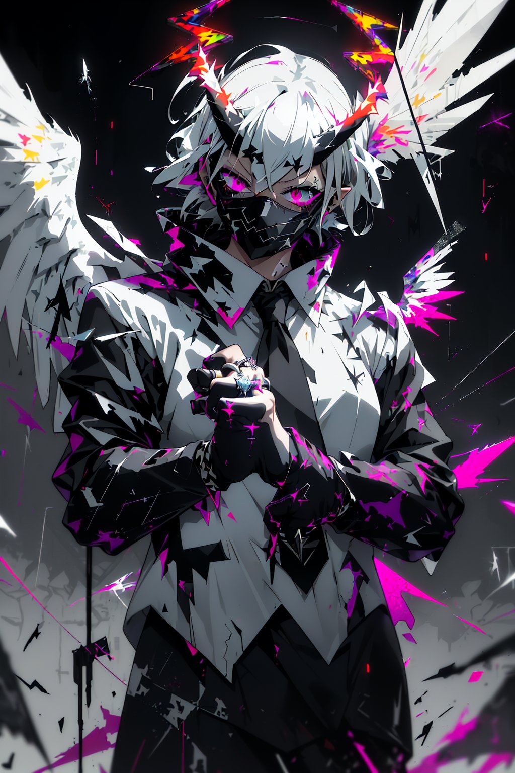 absurdres, highres, ultra detailed, paint splatter, expressive drips, dynamic movement, neon colors, white colors, dynamic texture, sharp teeth, thick eyelashes, (big crack:1.3), (cyber mask:1.2), (glitch noise), (wing:1.3), (ring              of angel floating above the head:1.5), (devil horns:1.2),  business suit, tie, white shirt