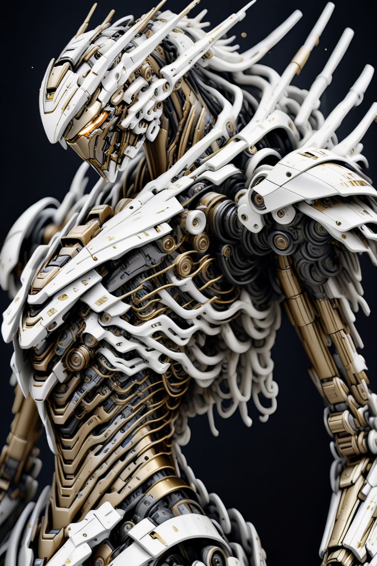 absurdres, highres, ultra detailed, paint splatter, expressive drips, white color, dynamic texture, bio mechanical cyborg arm made of (stylish mecha:1.3), cyber wire, (complex mecha parts), water body