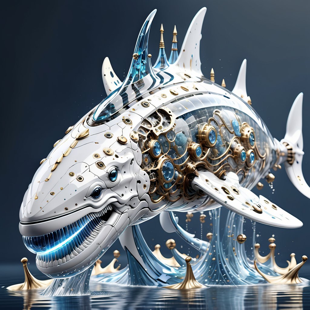 absurdres, highres, ultra detailed, paint splatter, expressive water drips, white color,pastel blue color, dynamic texture, bio mechanical cyborg whale made of (stylish mecha:1.3), (complex mecha parts), (large transparent glass fins:1.3), long mouth, long head, sea, (floating crown:1.8)