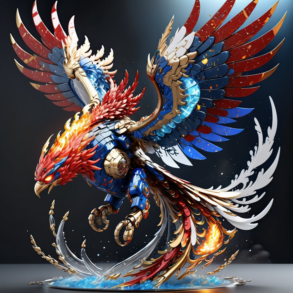 absurdres, highres, ultra detailed, paint splatter, expressive water drips, dynamic texture, bio phoenix made of mecha and (glass:1.3), (complex mecha parts), blue sky, (glass chest:1.3), red, white, orange color, (take flight:1.4), (spark:1.3), dynamic crest, (fire 4 wings:1.5),