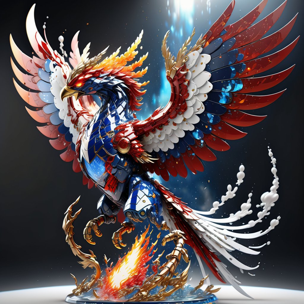 absurdres, highres, ultra detailed, paint splatter, expressive water drips, dynamic texture, bio phoenix made of mecha and (glass:1.3), (complex mecha parts), blue sky, (glass chest:1.3), red, white, orange color, (take flight:1.4), (spark:1.3), dynamic crest, (fire 4 wings:1.5),