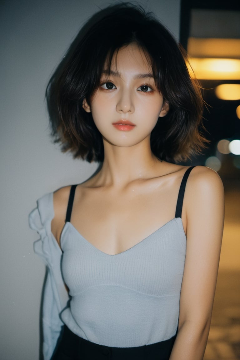 xxmixgirl, (from below:1.4). 27 year old girl, slim waist, tan lines, deep photo, depth of field, Superia 400, shadows, messy hair, perfect face and body, dark, nighttime, dark photo, grainy, seductive smirk, ((eyes closed)), korean girl, 