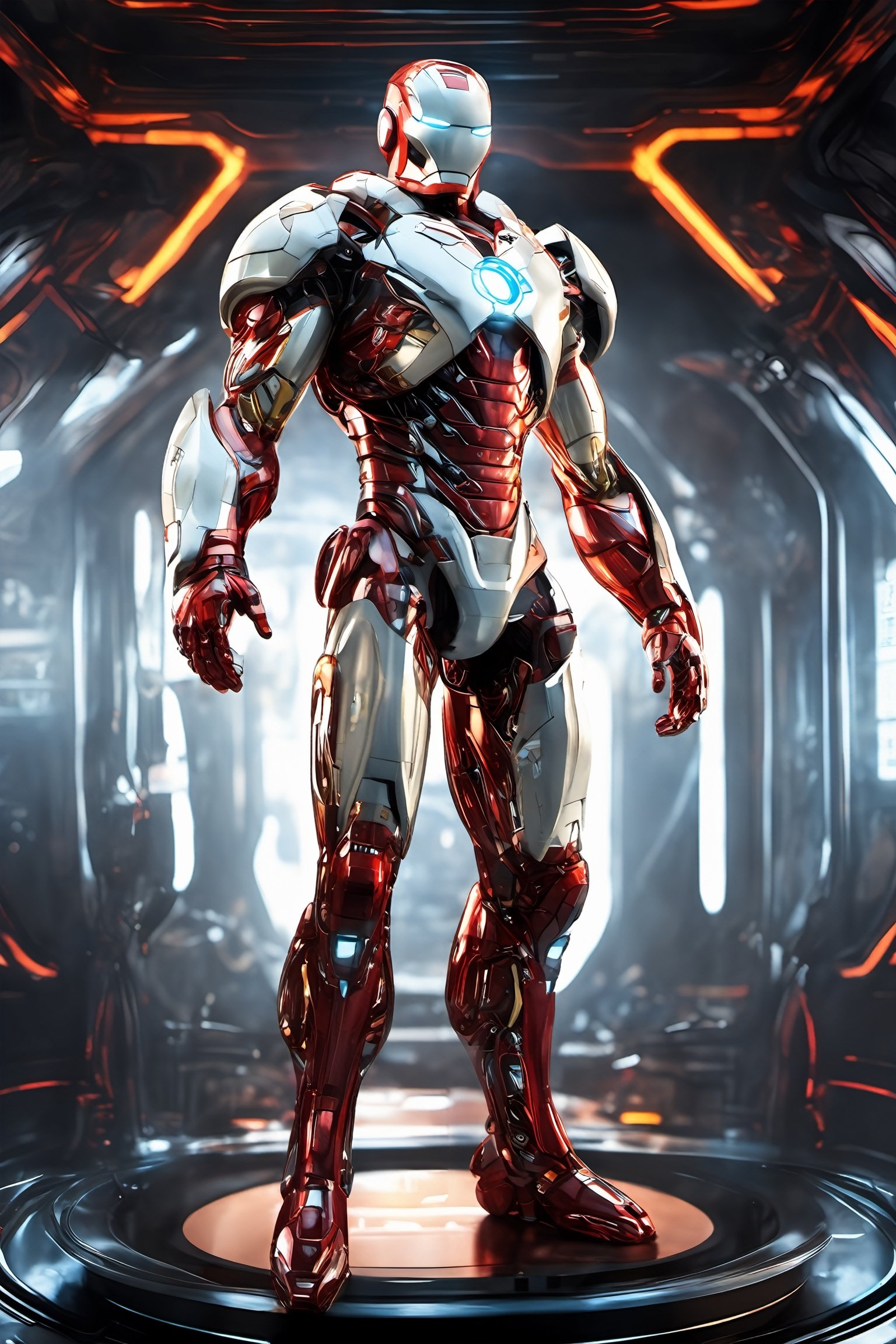 anatomically correct a bio mechanical x-man style ironman ,full length shot, made of White transparent glass , transparent body, (extremely detailed face, full body, look at viewer),carbon fiber texture, carbon fiber, soft bright background, shine, subsurface scattering, transparent, glow, bloom, jellyfish, coral, Bioluminescent liquid, volumetric light, tube, 3d style,cyborg style,Movie Still,Leonardo Style,cyborg,Film Still,Cinematic,mecha