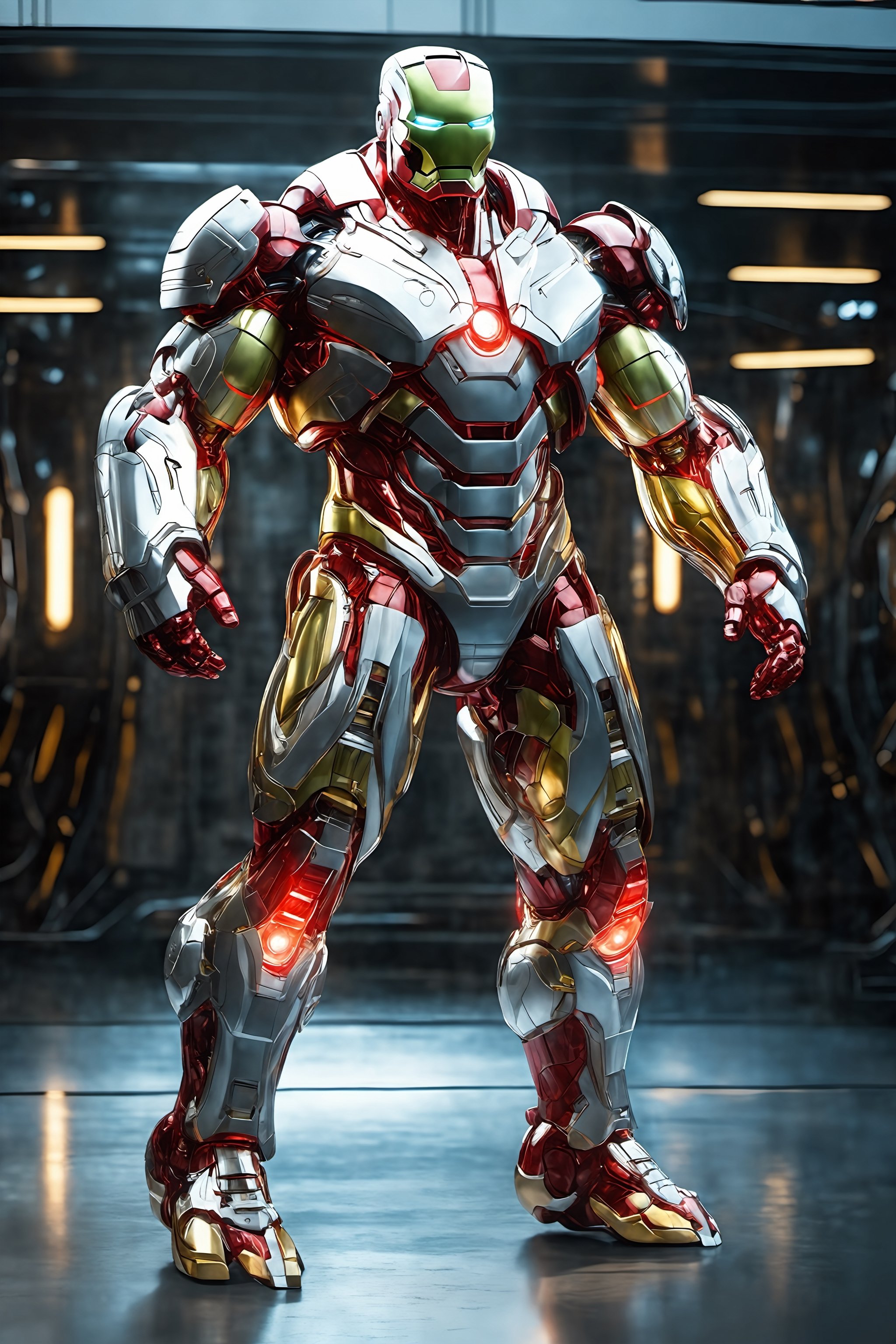 anatomically correct a bio mechanical hulk style ironman ,full length shot, made of White transparent glass , transparent body, (extremely detailed face, full body, look at viewer),carbon fiber texture, carbon fiber, soft bright background, shine, subsurface scattering, transparent, glow, bloom, jellyfish, coral, Bioluminescent liquid, volumetric light, tube, 3d style,cyborg style,Movie Still,Leonardo Style,cyborg,Film Still,Cinematic,mecha