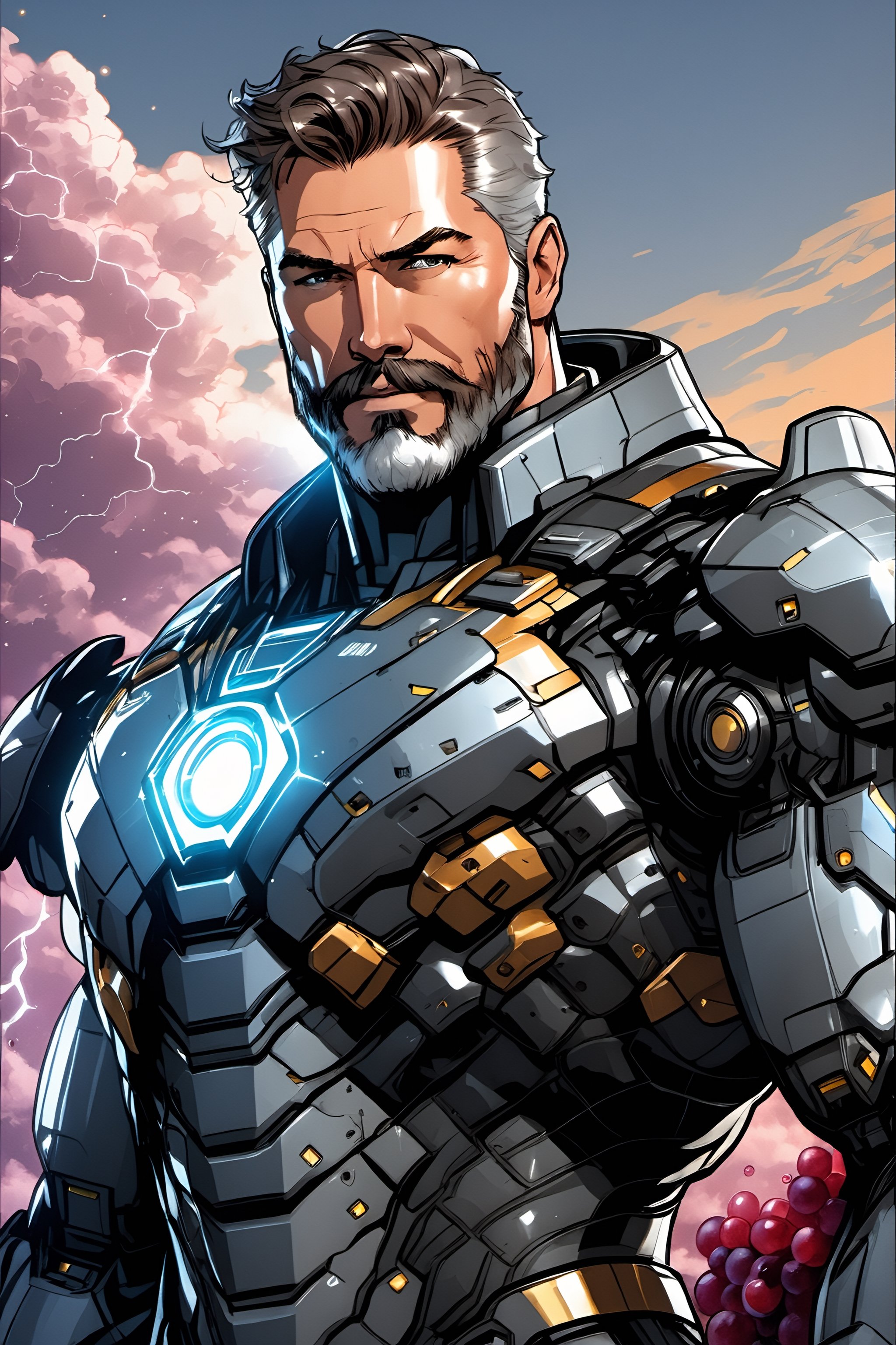 (howard_carlson:1.4),dc_comIcs,portrait,bara,(masterpiece:1.4),(best quality:1.3),(high quality:1.2),(hi-res:1.2),(absurdres:1.3),extremely beautiful detailed face and eyes,1man,solo,looking at viewer,smile,serious,smug,face,close-up,handsome,male focus,crew_cut,muscular male,(serious),gloom_(expression),bangs,beard,stubble,mustache,manly,short hair,facial hair,formal,suit,uniform,wine,wine glass,gentle,fatherly,mature male,colorful,GeeseHoward,(MkmCut) sketch, splash art, dripping ink, hold, thunder, stormy clouds in a perfect circle shape, vibrant vector, vector image, anatomically correct a bio mechanical cyborg , from_side, made of Adamantium, transparent body, (extremely detailed face, full body, look at viewer), c soft bright background, shine, subsurface scattering, transparent, glow, Bioluminescent liquid, volumetric light, tube, 3d style, cyborg style, Movie Still, Leonardo Style, cyborg, full length shot, aw0k, bloom, 8k,Movie Still,mecha