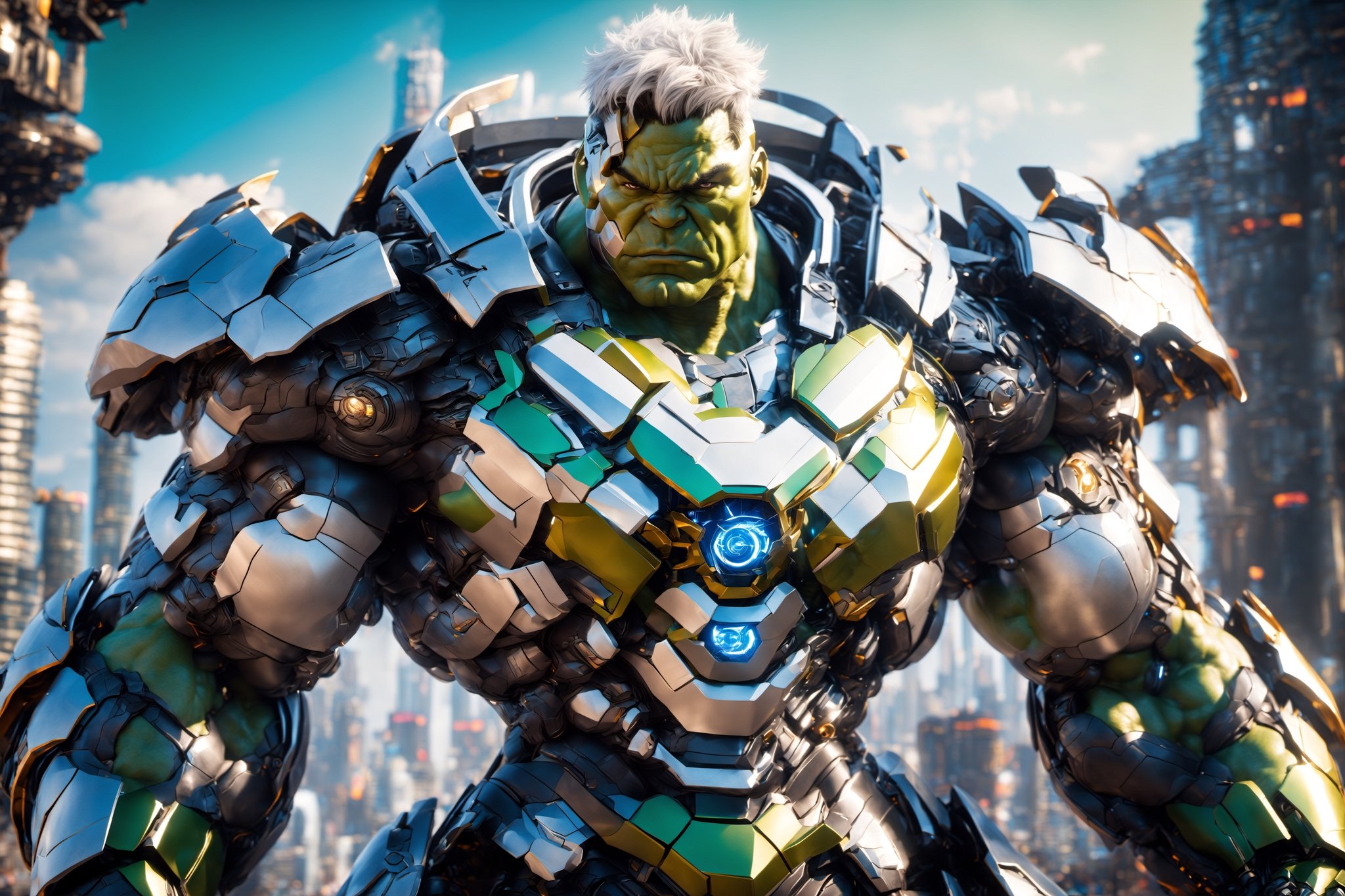 surreal photo of a hulk, blue eyes, white hair, huge breasts, centered, symmetrical, exo-suit, shiny armor, intricate detailed, realistic, full body shot, fujifilm, 8k, HDR, cyborg style best ninja final fansty, 64k sexy body movie, , green eye , perfecteyes, , ike, bookerBS_soul3142 big boob cute face, asian pretty,mecha , background war,mecha