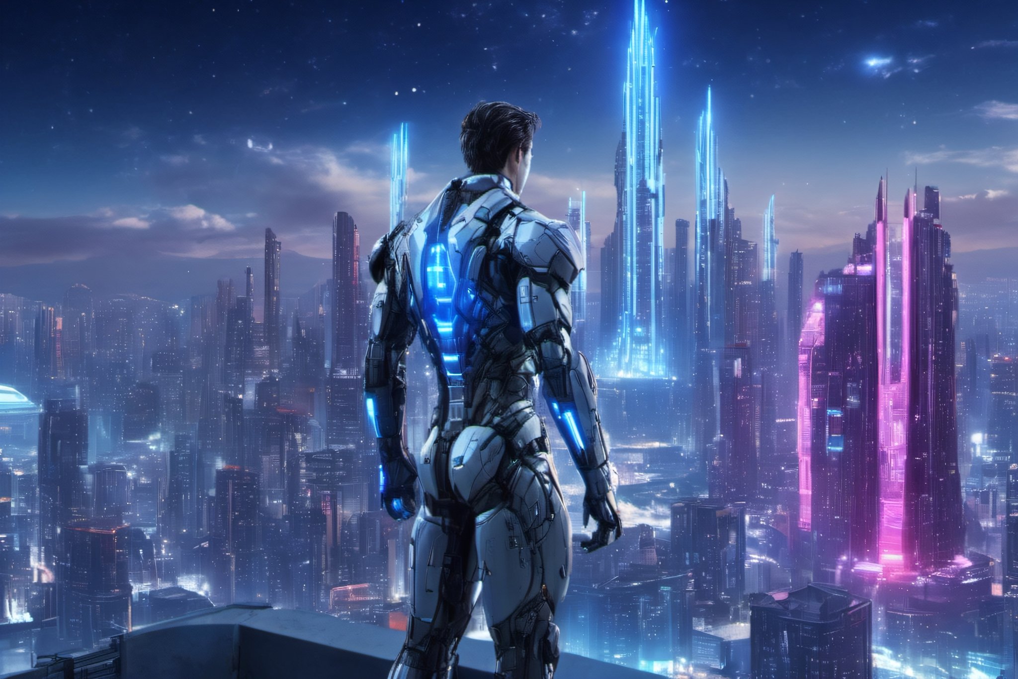 1man, standing top of building, night city, neon light, buildings, beautiful view, the bright stars in the clear night sky,cyborg style,science fiction