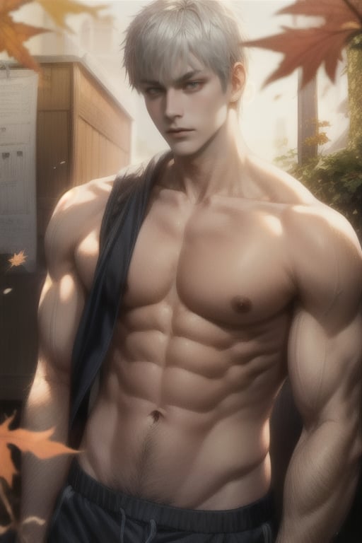 maple trees in the background, sunlight, short white hair, look at camera, serious, adult, muscular, 20 years old ,Kagami Taiga , no cloth