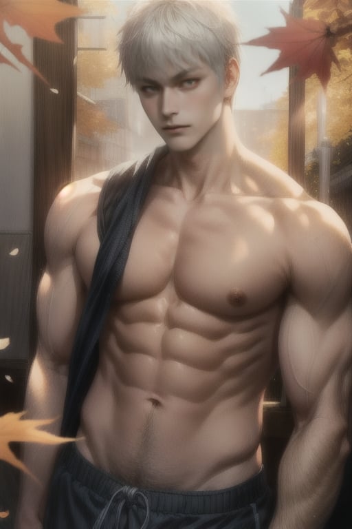 maple trees in the background, sunlight, short white hair, look at camera, serious, adult, muscular, 20 years old ,Kagami Taiga ,  cloth