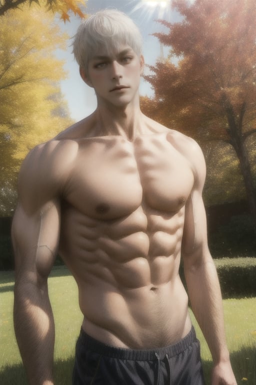 maple trees in the background, sunlight, short white hair, look at camera, serious, adult, muscular, 20 years old ,Kagami Taiga 