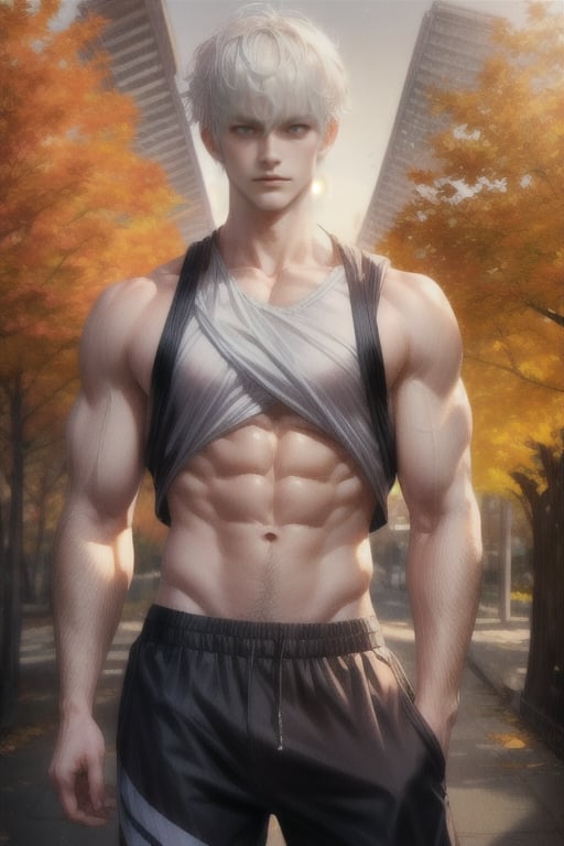 maple trees in the background, sunlight, short white hair, look at camera, serious, adult, muscular, 20 years old ,Kagami Taiga ,  