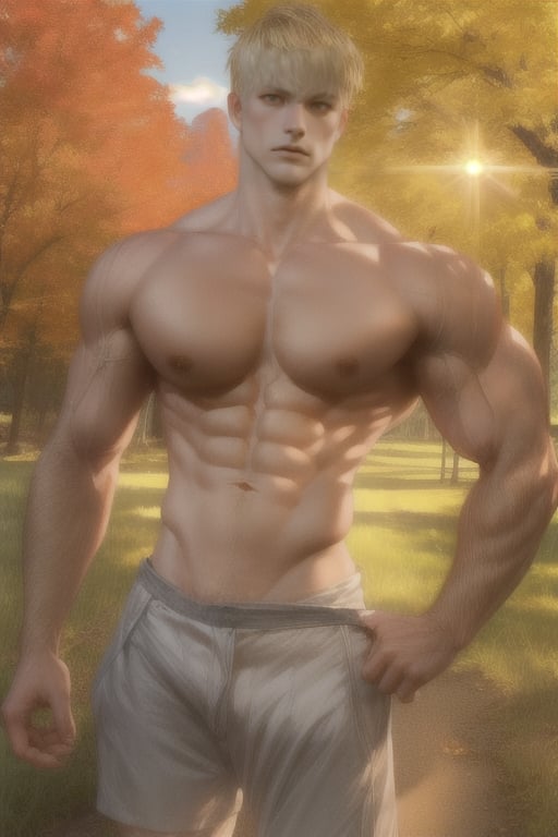 maple trees in the background, sunlight, short blond hair, look at camera, serious, adult, muscular, masculine