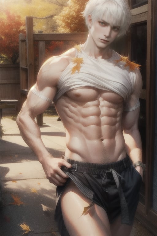 maple trees in the background, sunlight, short white hair, look at camera, serious, adult, muscular, 20 years old ,Kagami Taig