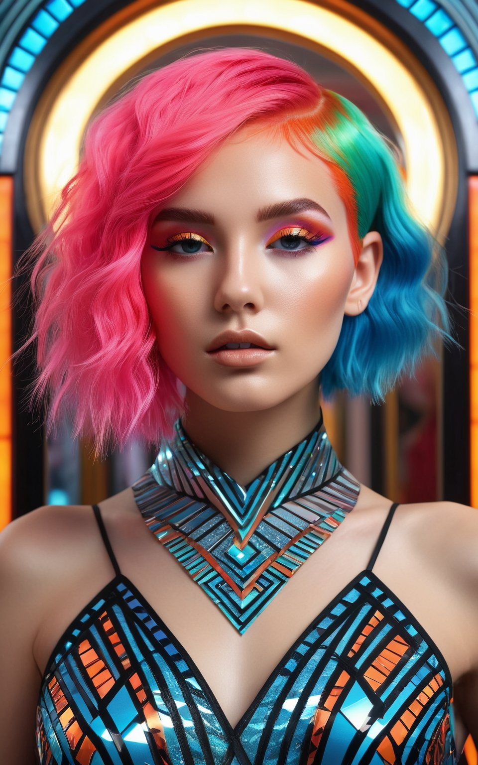 (best quality, 4K, 8K, high-resolution, masterpiece), ultra-detailed, photorealistic, young woman, vibrant neon hair, geometric Art Deco patterns on face, surreal dream-like setting, mirror-like floors, mirror-like walls, reflections, posing, intricate facial designs, modern fashion, ethereal lighting, digital art.