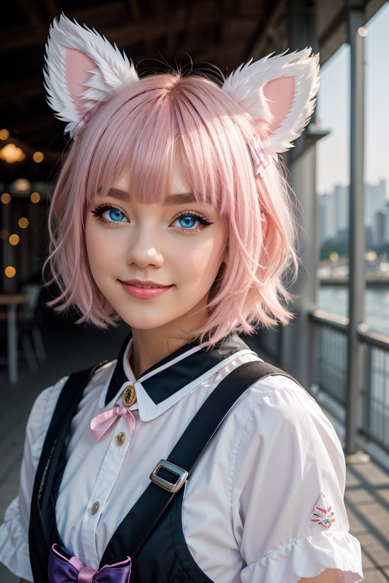 skistyle, 1girl, solo, cute smile, pink hair, animal ears, blue eyes, wings, looking at viewer, bangs, short hair, bow, sailor collar, white sailor collar, hair bow, pink bow, closed mouth, shirt, white shirt, bear ears, bob cut, mini wings, portrait, detached wings, makeup, upper body, city in background
