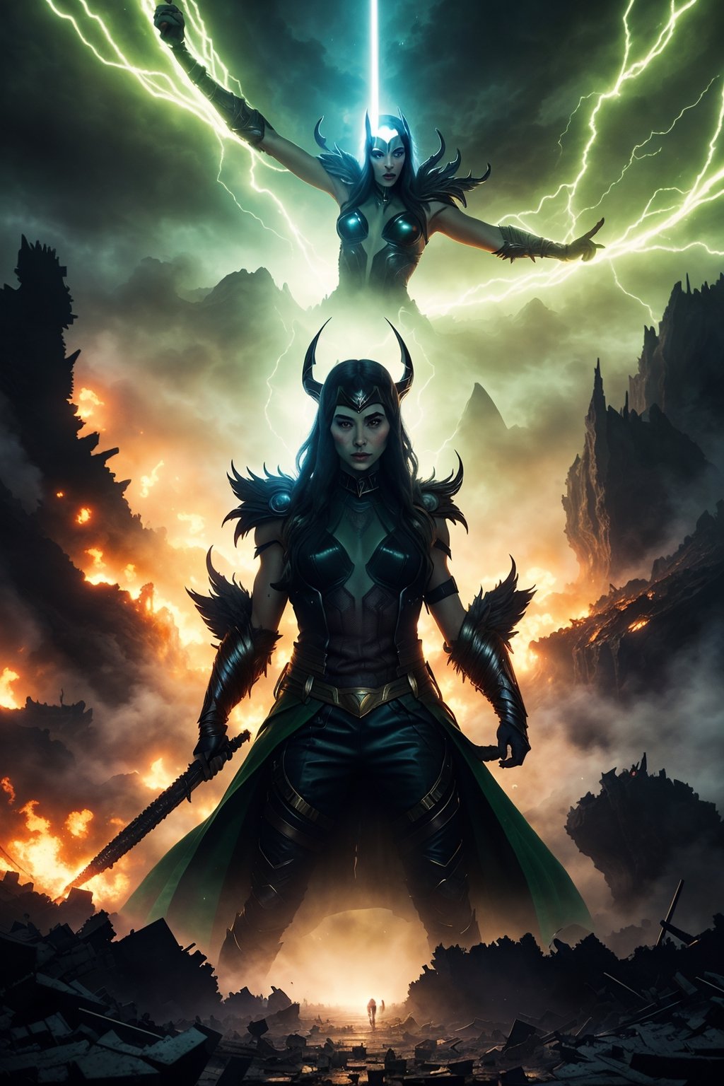 A breathtaking 4K ultra-realistic artwork, (Hela Asgard in a state of uncontrollable rage:1.3), Enveloped in a blazing green aura that crackles with power, Engages in a fierce and epic clash against a formidable adversary within the depths of a dark abyss, (The backdrop of Asgard city in ruins, engulfed in chaos and destruction:1.3), An astonishing portrayal of the battle between light and darkness, where every detail is rendered with unparalleled realism.