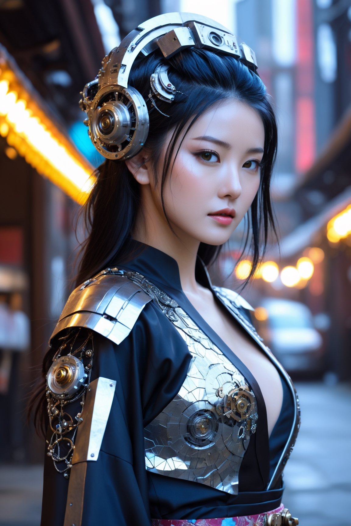 mechanical,korean,girl,(best quality,4k,8k,highres,masterpiece:1.2),ultra-detailed,(realistic,photorealistic,photo-realistic:1.37),metallic texture,gritty background,vibrant colors,ethereal lighting,steampunk style,mechanical gears,cybernetic enhancements,chrome accessories,holographic display,robotic limbs,kimono dress,traditional fan,flowing black hair,jeweled headpiece,futuristic cityscape,sharp focus,sci-fi aesthetic,meticulous detailing