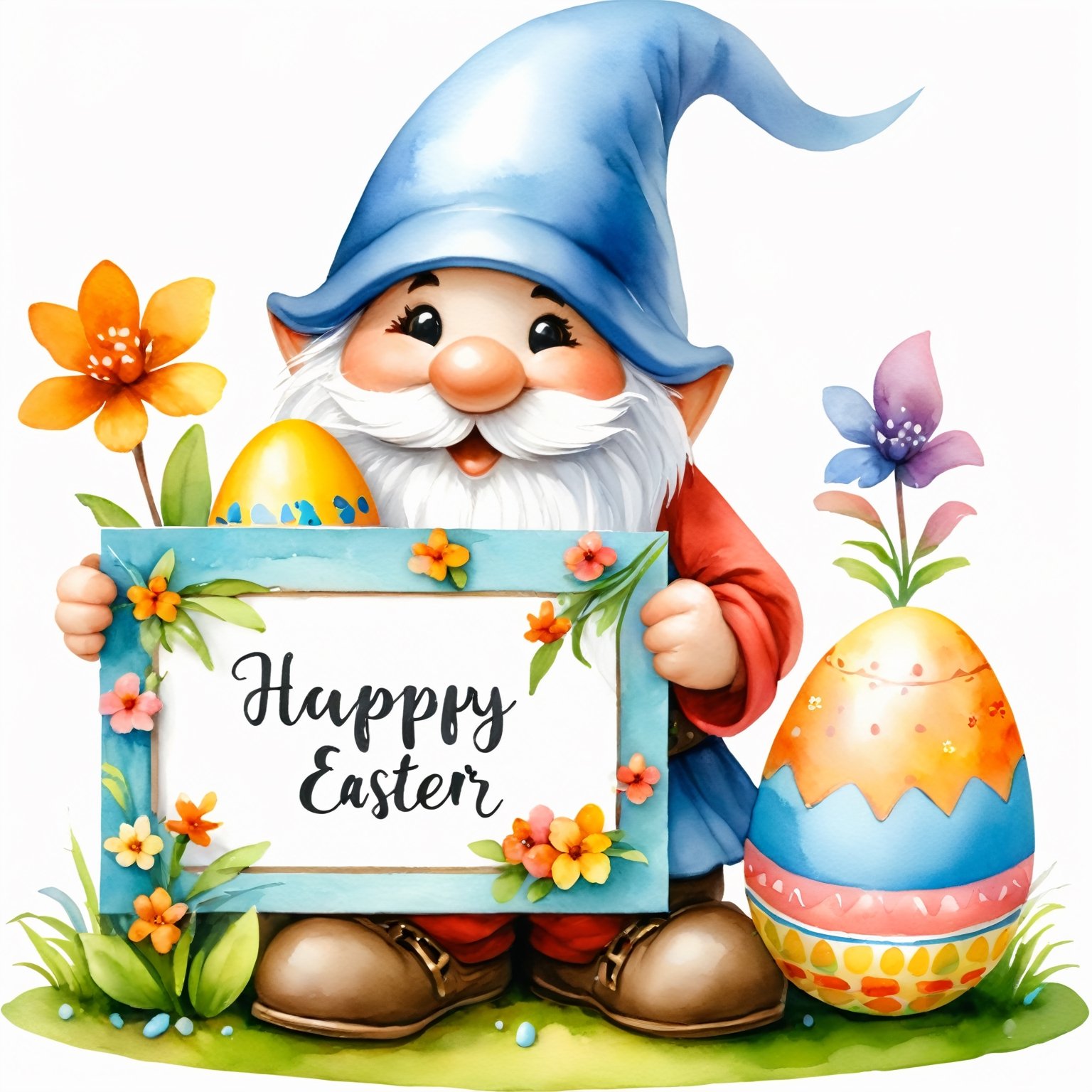 AiArtV,Happy Easter,colorful,easter theme,clipart, a gnome holding a sign with an easter message