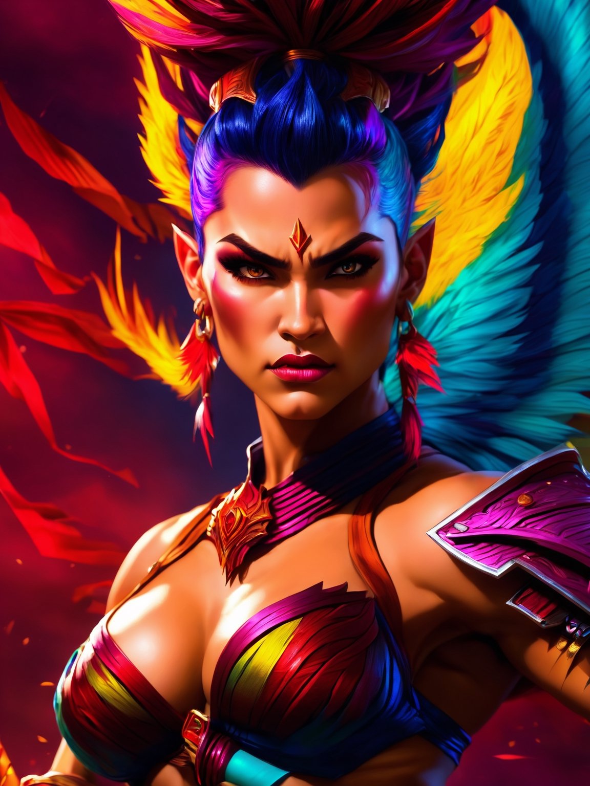 (best quality,8K,highres,masterpiece), ultra-detailed, (super colorful, vibrant), portrayal of an angry, tan draconic female barbarian wielding a massive demonic polearm. She stands tall, with broad shoulders, a thin waist, slim hips, and a fit, toned, and muscular physique adorned with a vivid palette of colors. Her well-defined abs and muscles are accentuated by prominent, colorful veins. She wears a strikingly colorful loincloth that adds a burst of hues to her ensemble. Her skin is adorned with vivid and vibrant red scales, creating a mesmerizing pattern. Her long, wild mohawk features a spectrum of colorful streaks, and her eyes glow with intense ruby-red color. The expression on her face is fierce and full of vibrant emotion, making this a stunning and dynamic visual masterpiece bursting with colors.