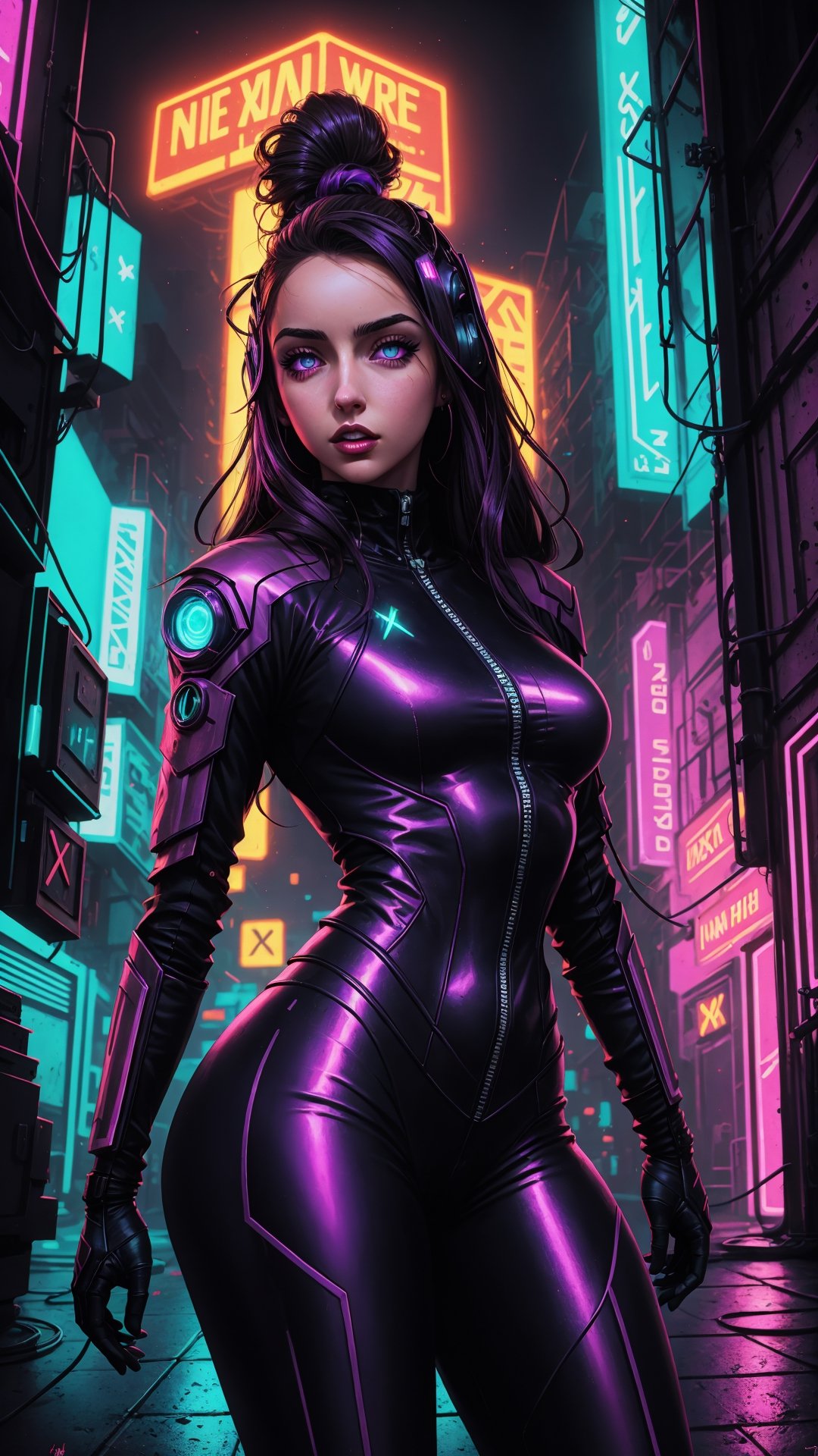 Ana De Armas as cyberpunk ninja robot warrior, light purple Eyes, Marvel X-23, goth, Julie Bell, Patrick Nagle, art style, frontal perspective, action shot, vibrant color, high detail, Laboratory neon background.